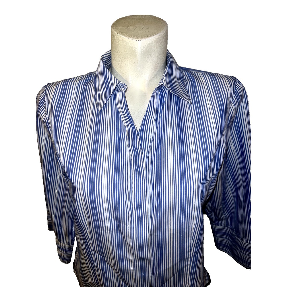 Chicos No Iron Striped Button Down Shirt Blue White Metallic Silver Women Size 1 - Picture 2 of 8